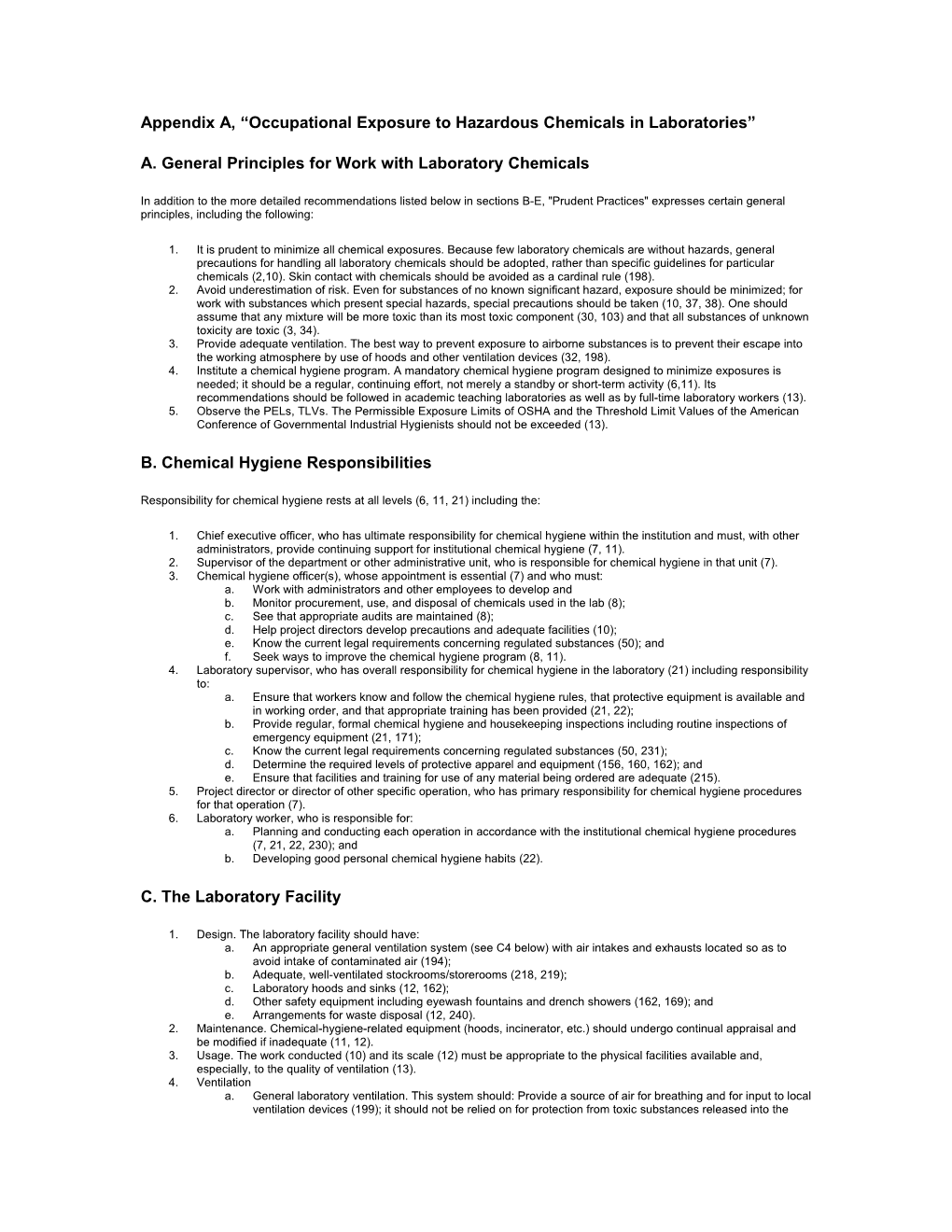 Appendix A, Occupational Exposure to Hazardous Chemicals in Laboratories