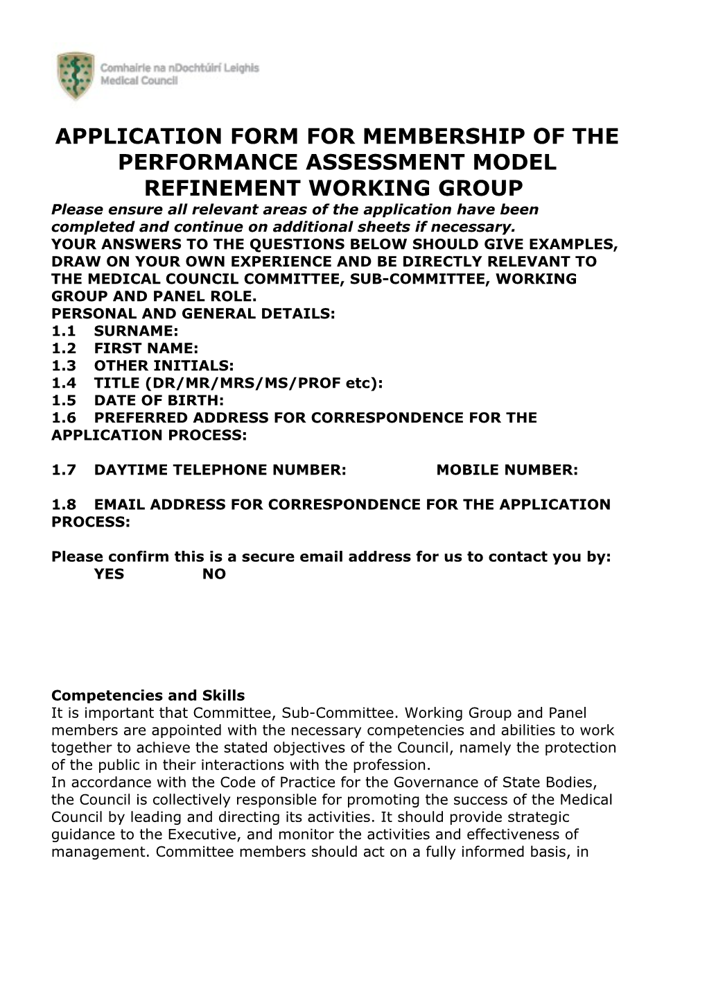 Application Form for Membership of the Performance Assessment Model Refinement Working Group