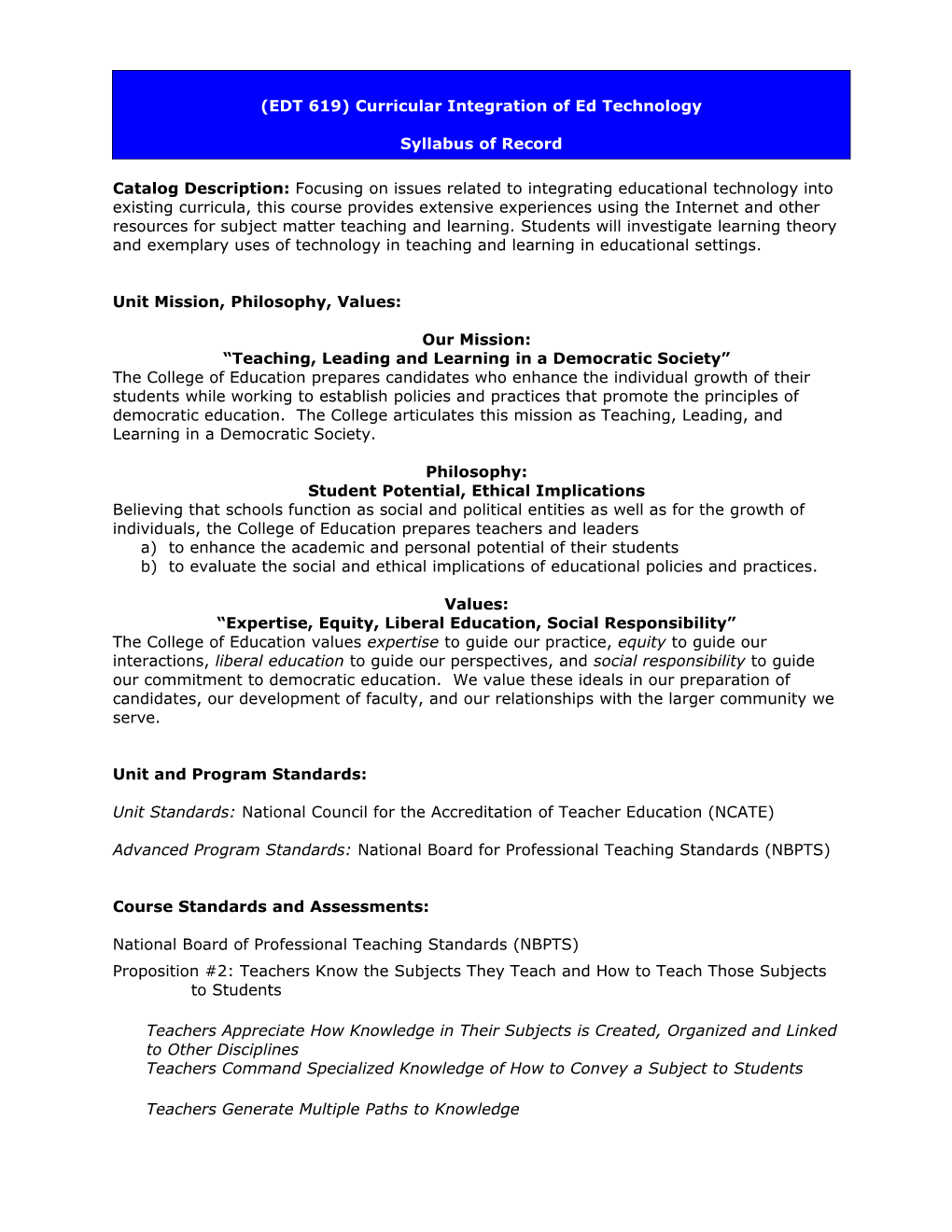 College of Education, Individual Course Syllabus