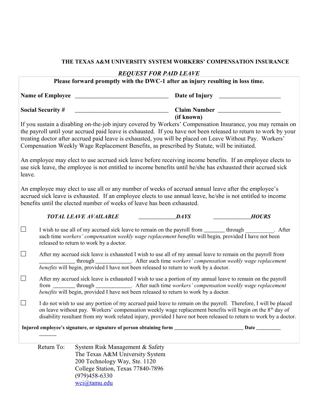 Worker's Compensation Insurance Request for Paid Leave Form