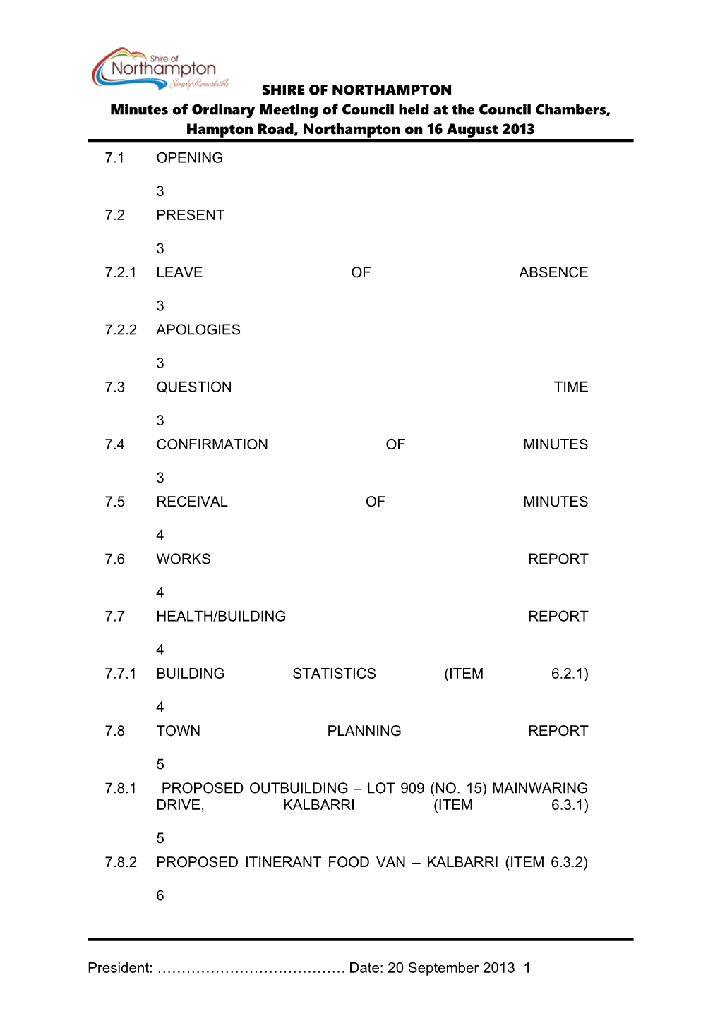 Minutes of Ordinary Meeting of Council Held at the Council Chambers, Hampton Road