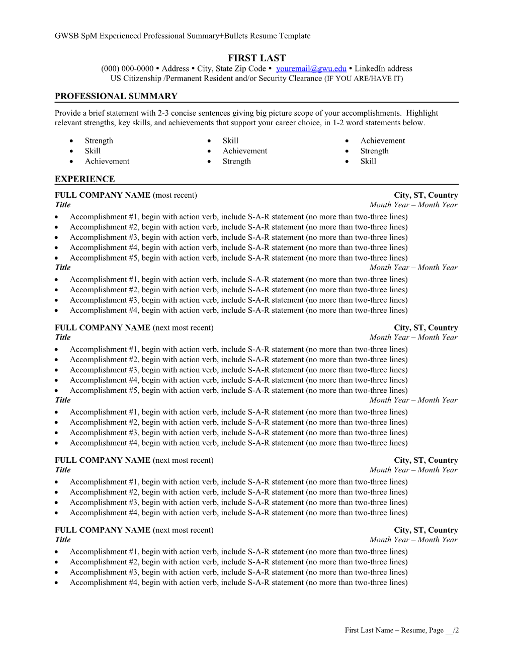 GWSB Spm Experienced Professionalsummary+Bullets Resume Template