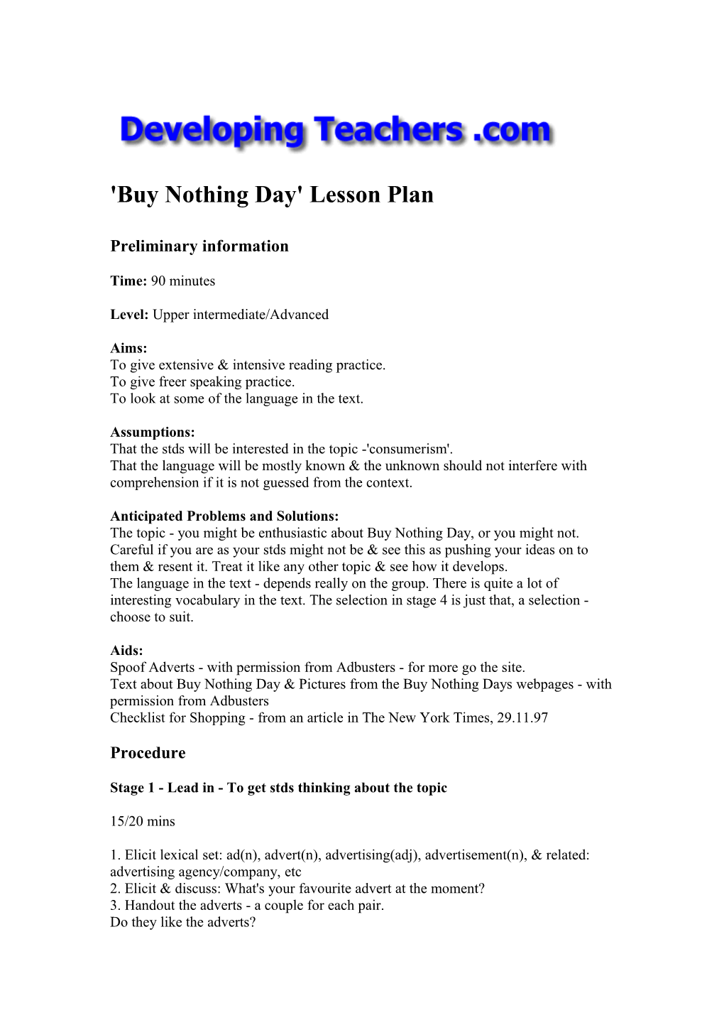 'Buy Nothing Day' Lesson Plan