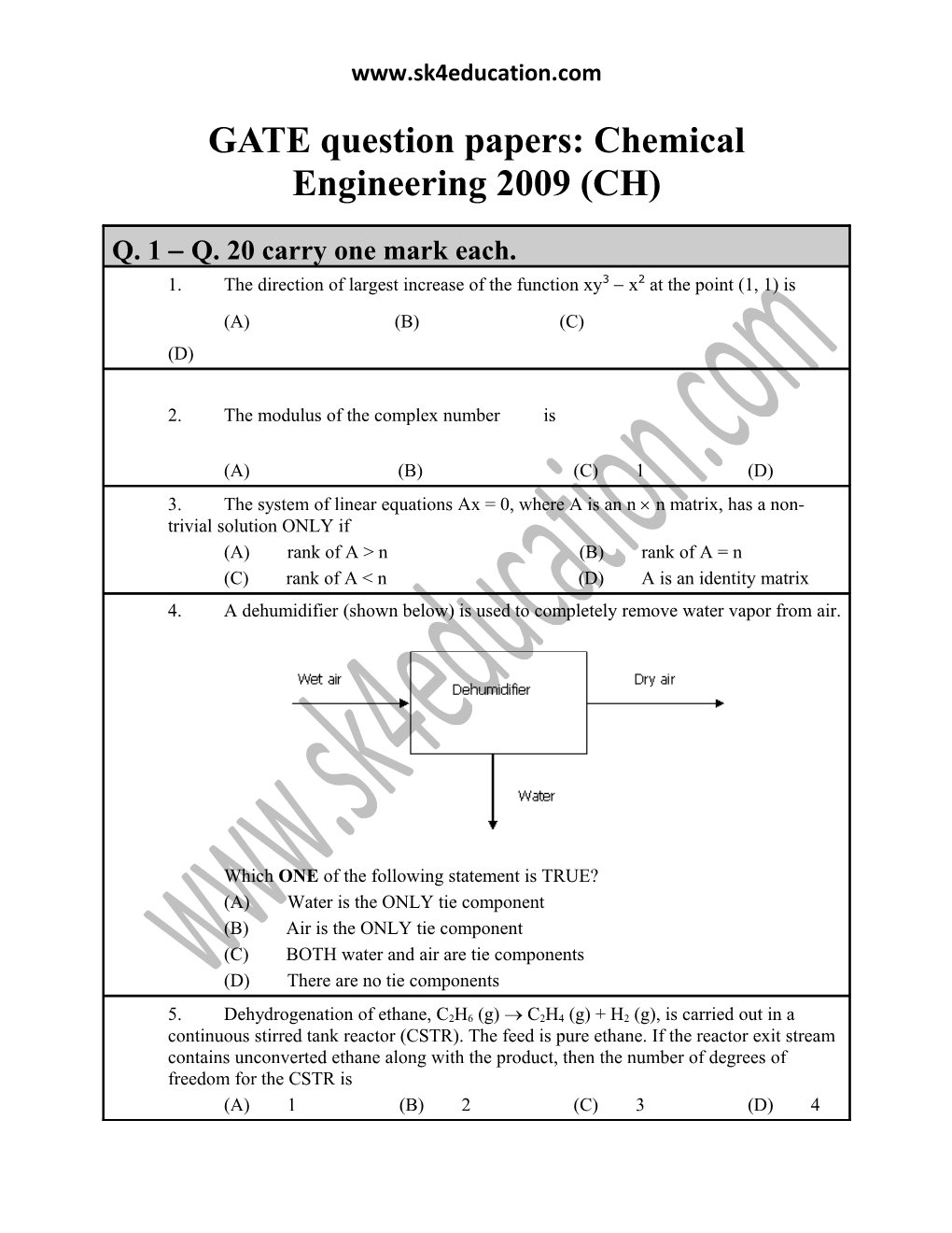 GATE Question Papers: Chemical Engineering 2009 (CH)
