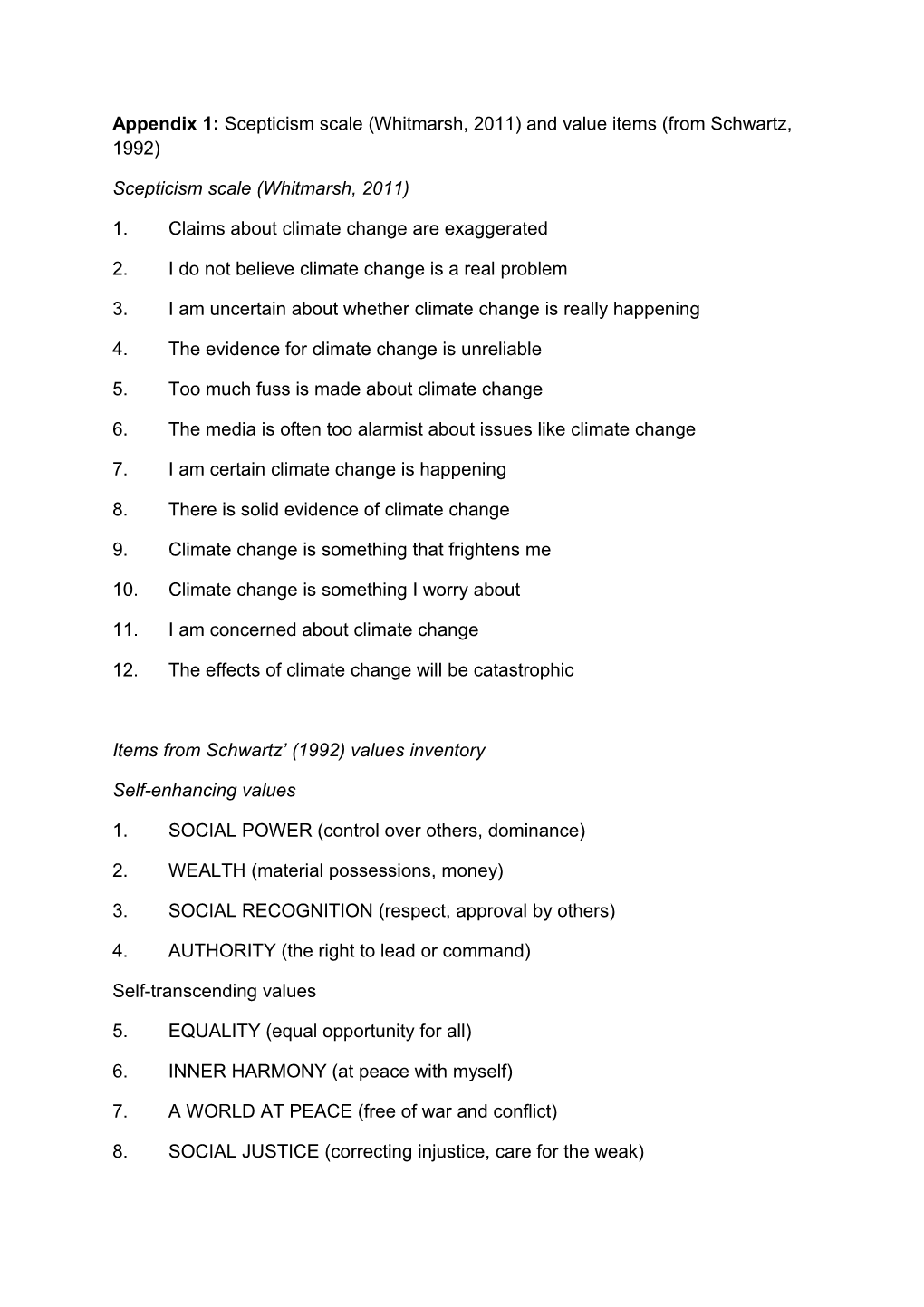 Appendix 1:Scepticism Scale (Whitmarsh, 2011) and Value Items (From Schwartz, 1992)