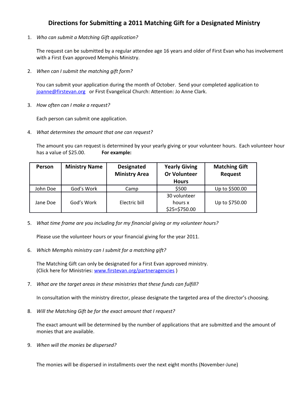 Directions for Submitting a 2011 Matching Gift for a Designated Ministry
