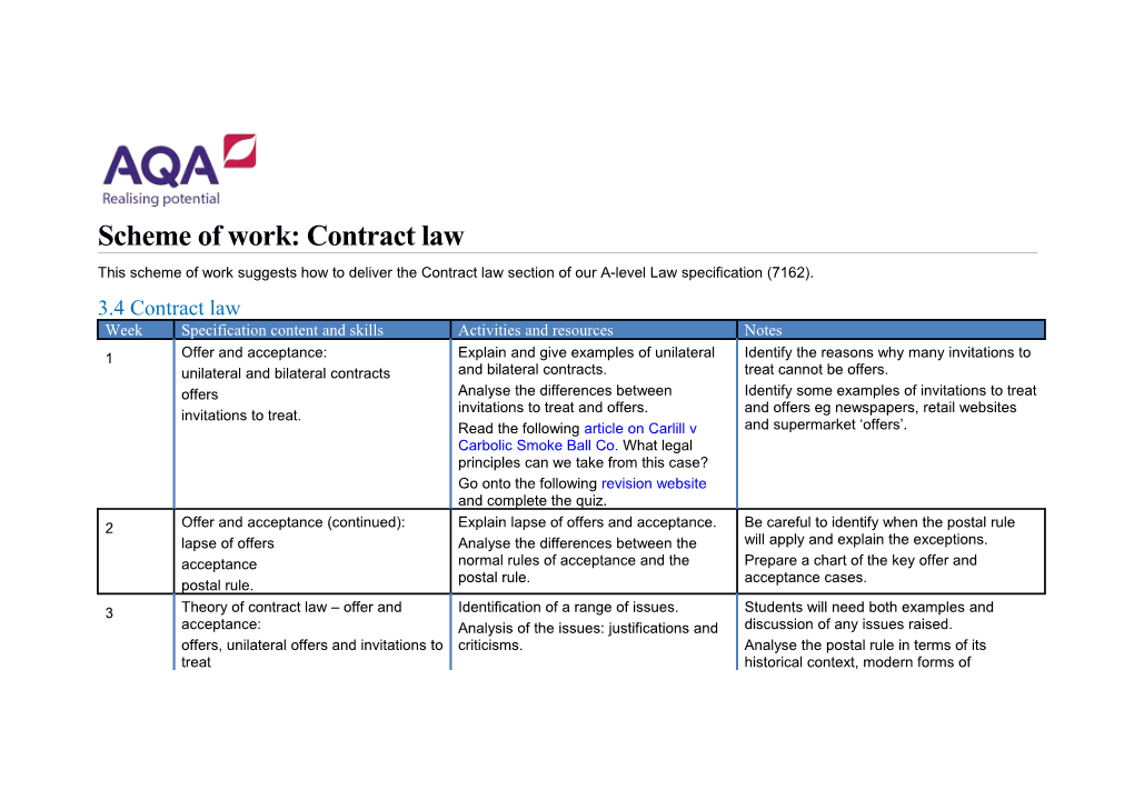 Scheme of Work: Contract Law