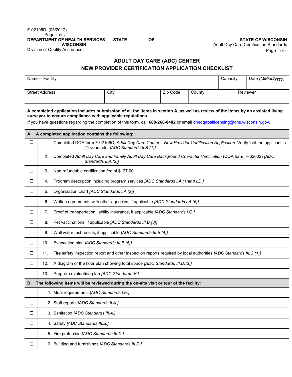 Adult Day Care Center - New Provider Certification Application Checklist, F-02106D