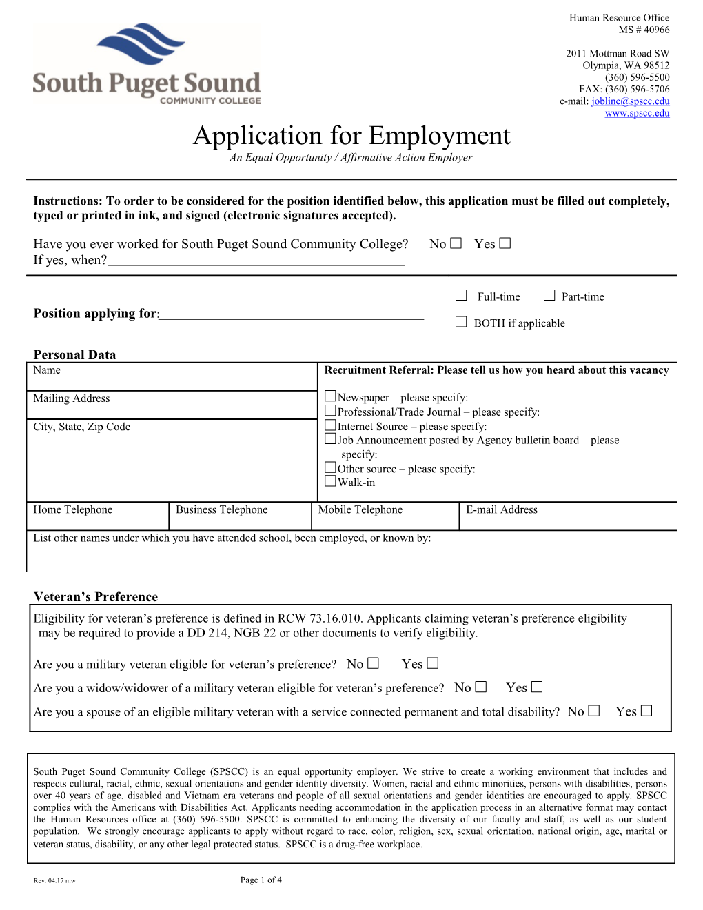 SPSCC Employment Application