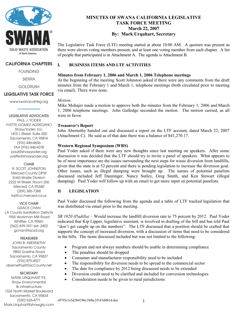 Minutes of Swana California Legislative