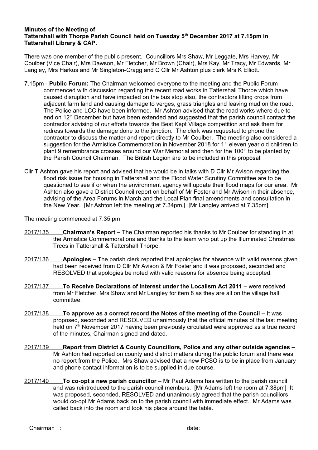 Minutes of the Meeting Held of Tattershall with Thorpe Parish Council Held on 6Th October