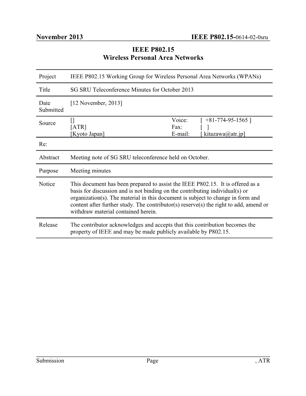 SG SRU Teleconference Minutes for October 2013
