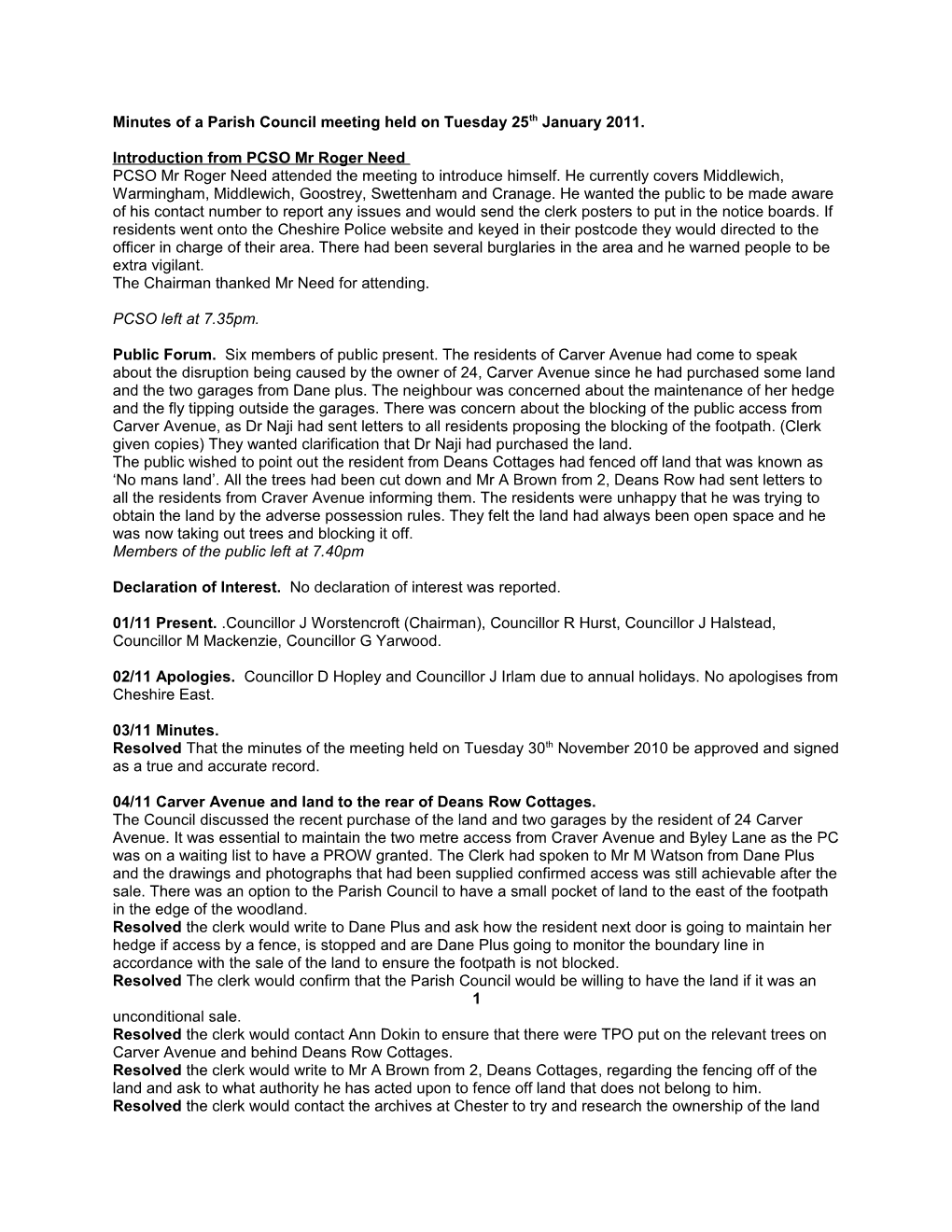Minutes of a Parish Council Meeting Held on Tuesday 25Th January 2011