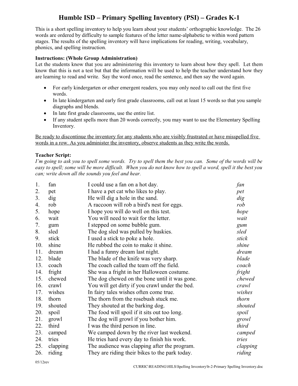 Primary Spelling Inventory (PSI)