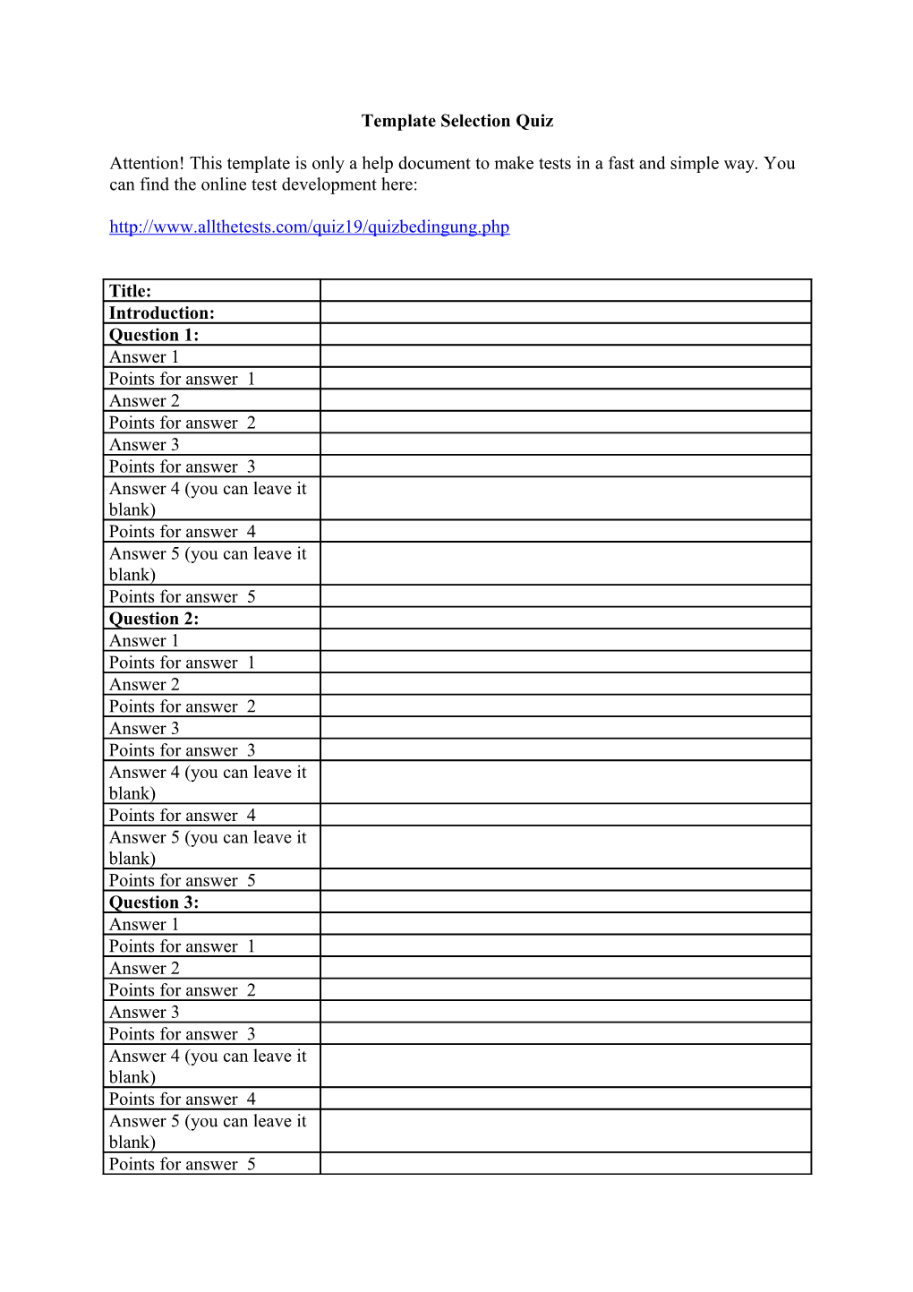 Schablone Auswahl Quiz