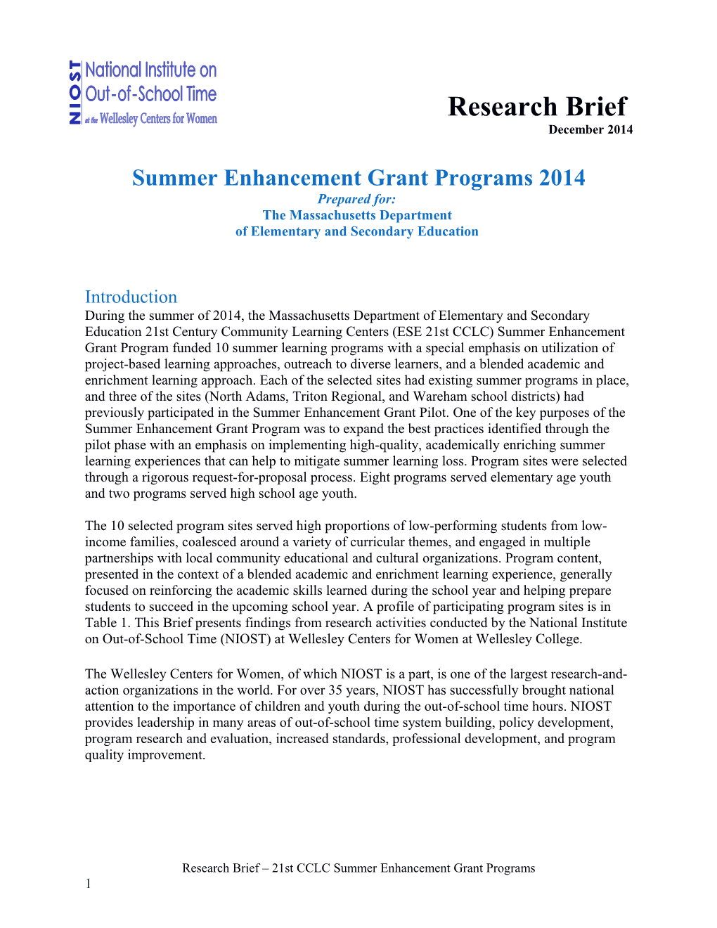 Summer Enhancement Grant Program 2014 - MA Department of Elementary and Secondary Education