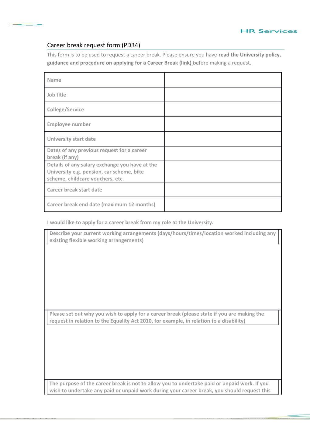 Career Break Request Form (PD34)
