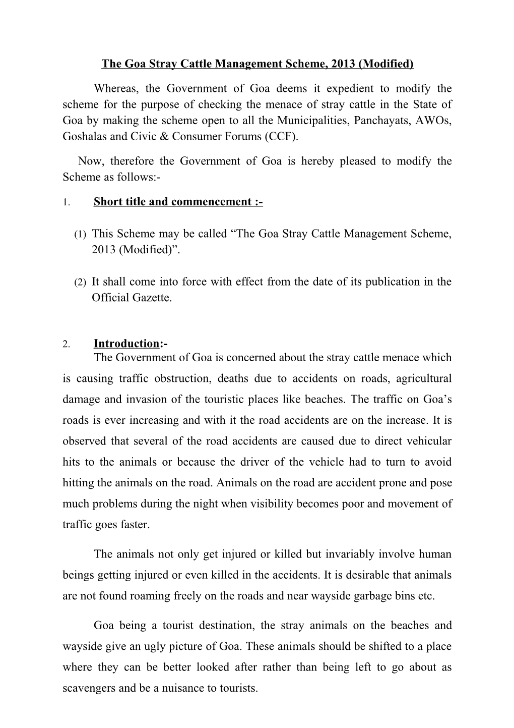 The Goa Stray Cattle Management Scheme, 2013 (Modified)