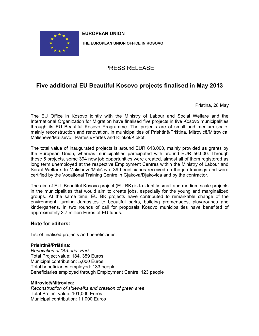 Five Additionaleu Beautiful Kosovo Projects Finalised in May 2013
