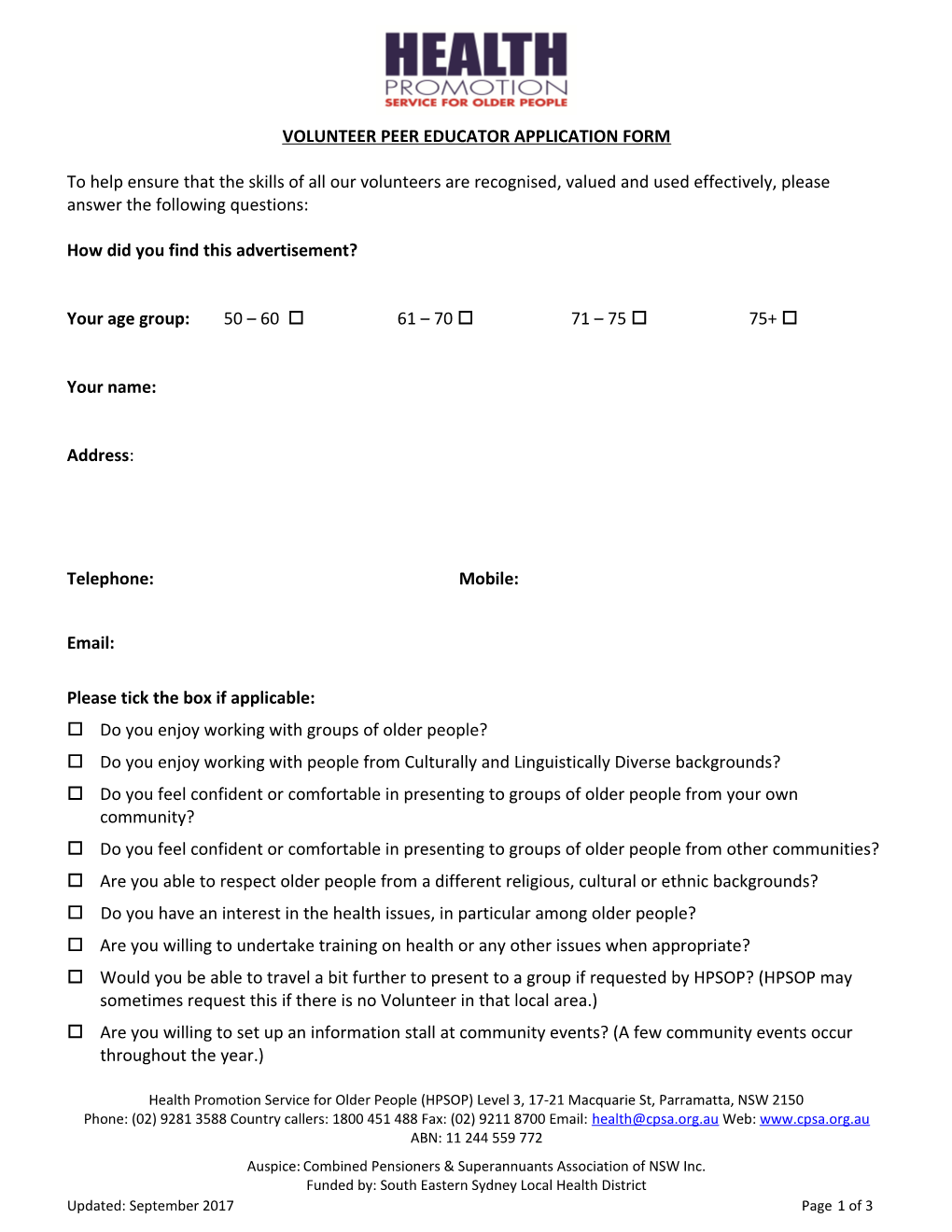 Volunteer Peer Educator Application Form