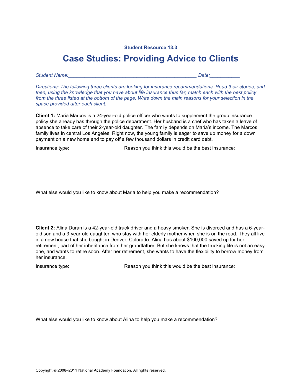 Case Studies: Providing Advice to Clients