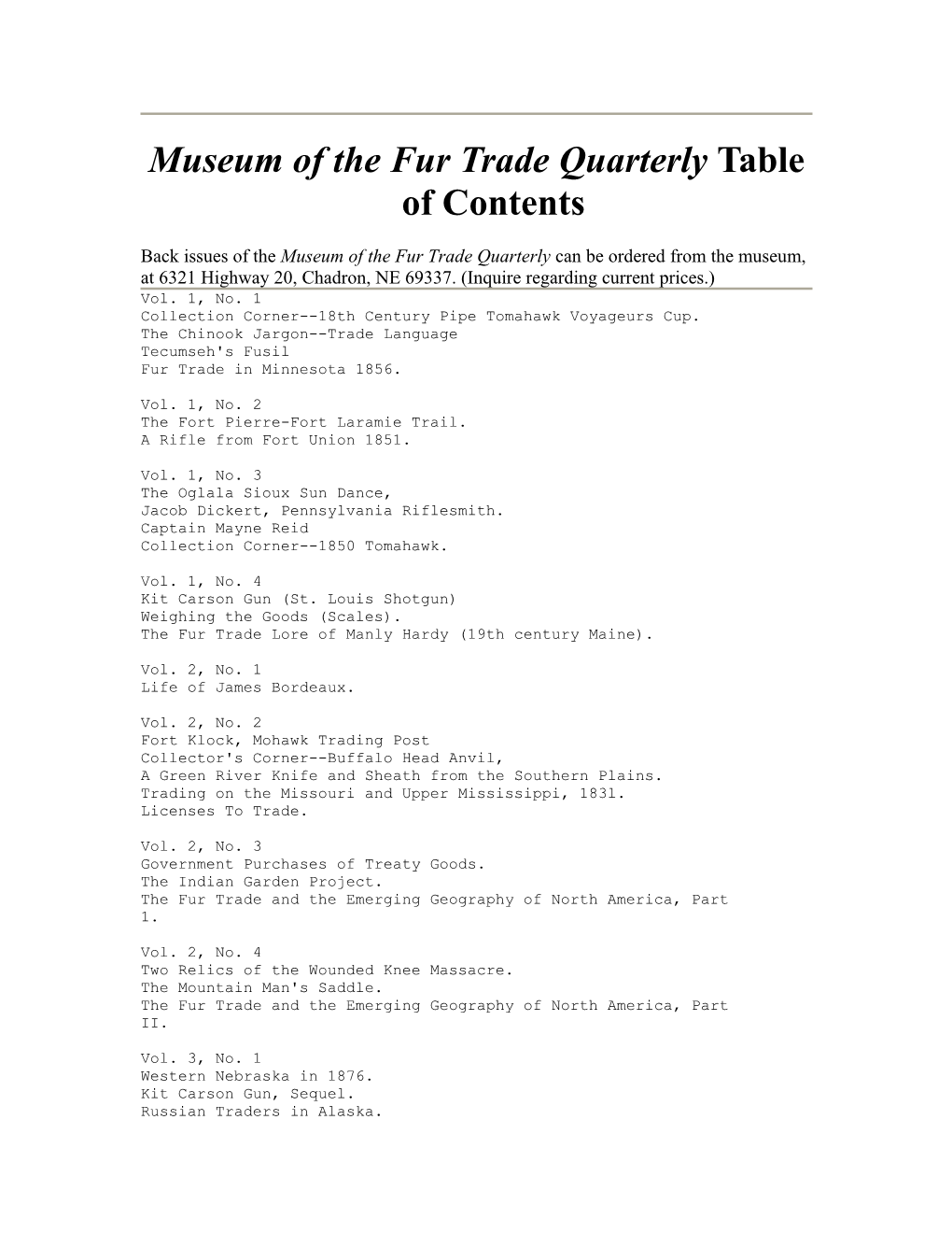 Museum of the Fur Trade Quarterly Table of Contents