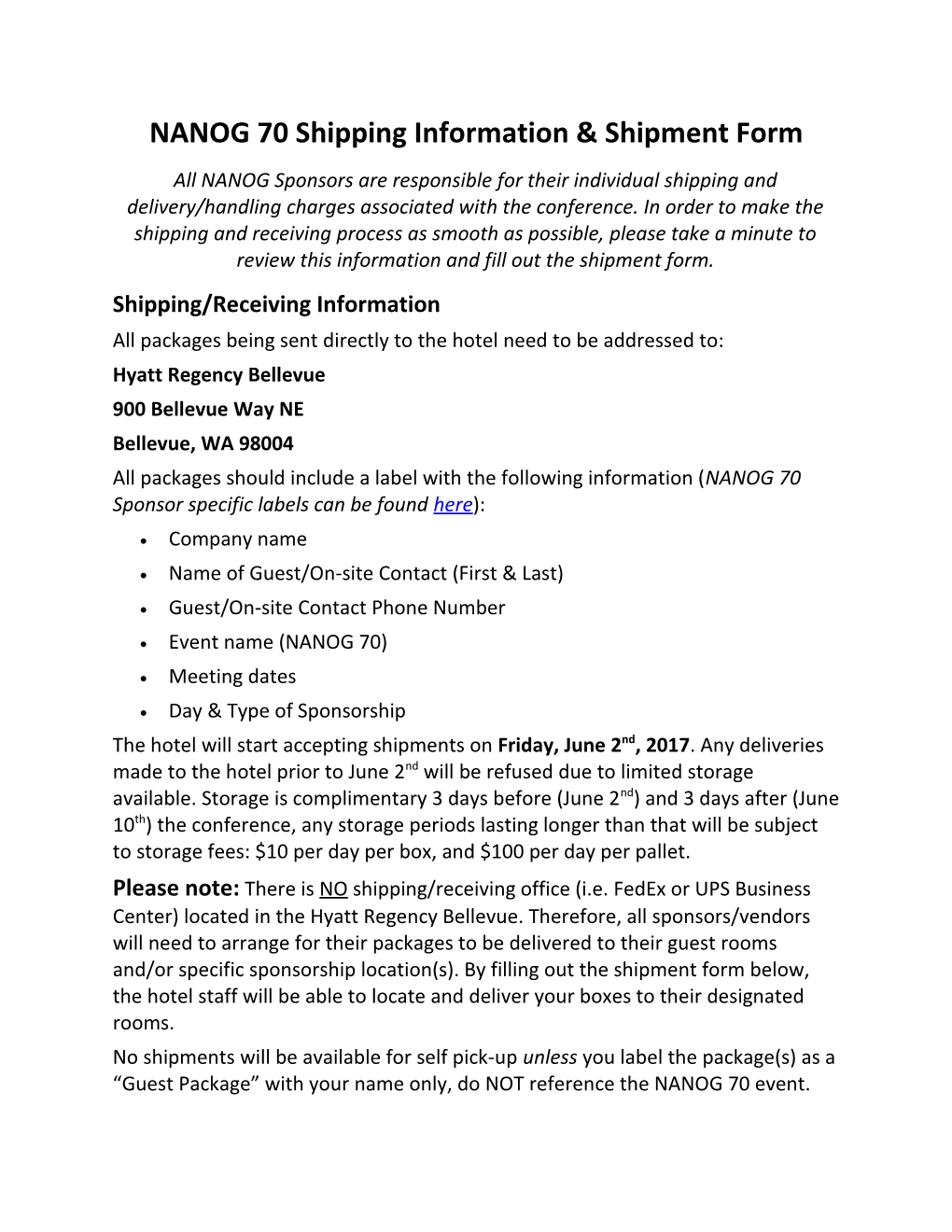 NANOG 70 Shipping Information & Shipment Form