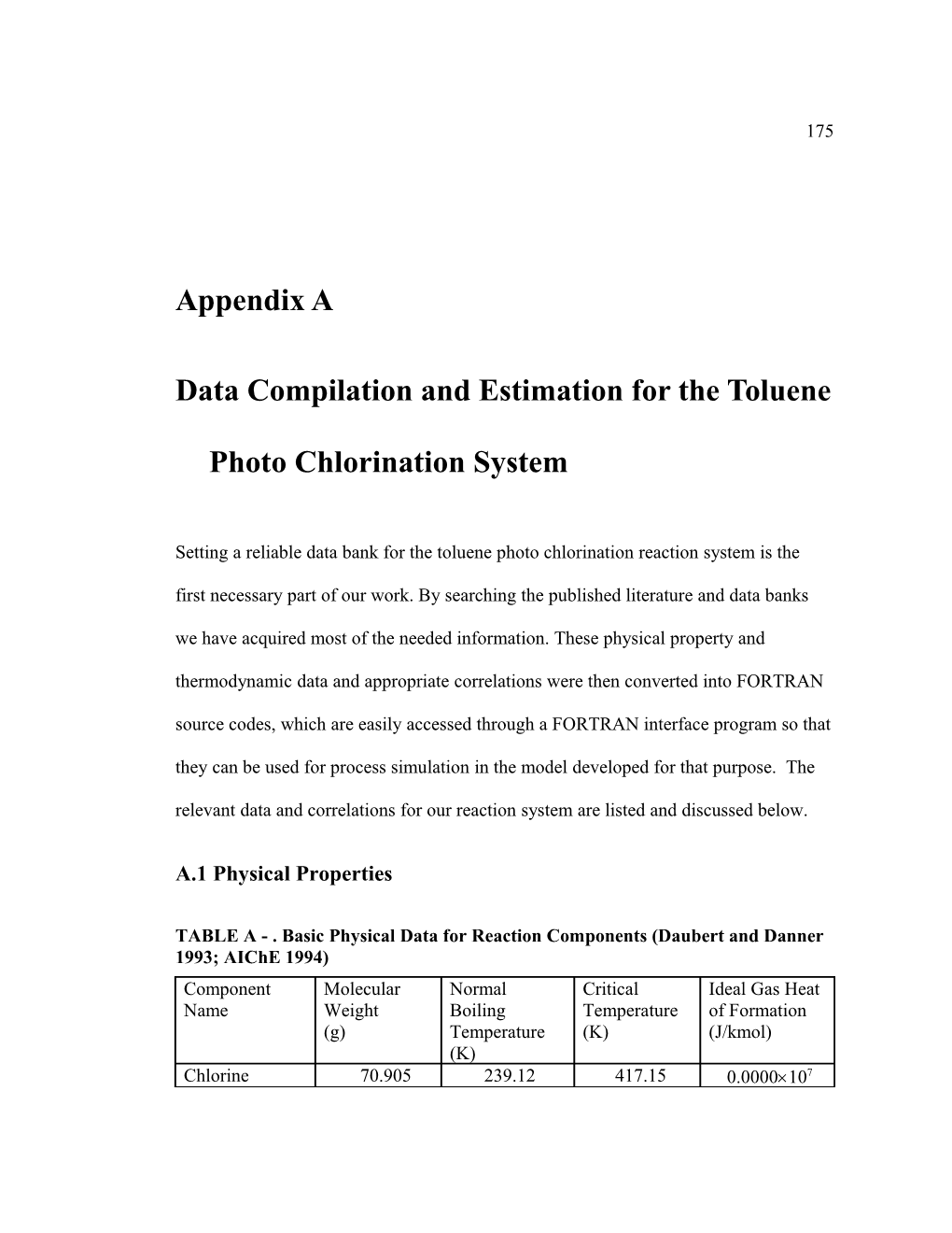 Data Compilation and Estimation for the Toluene Photo Chlorination System