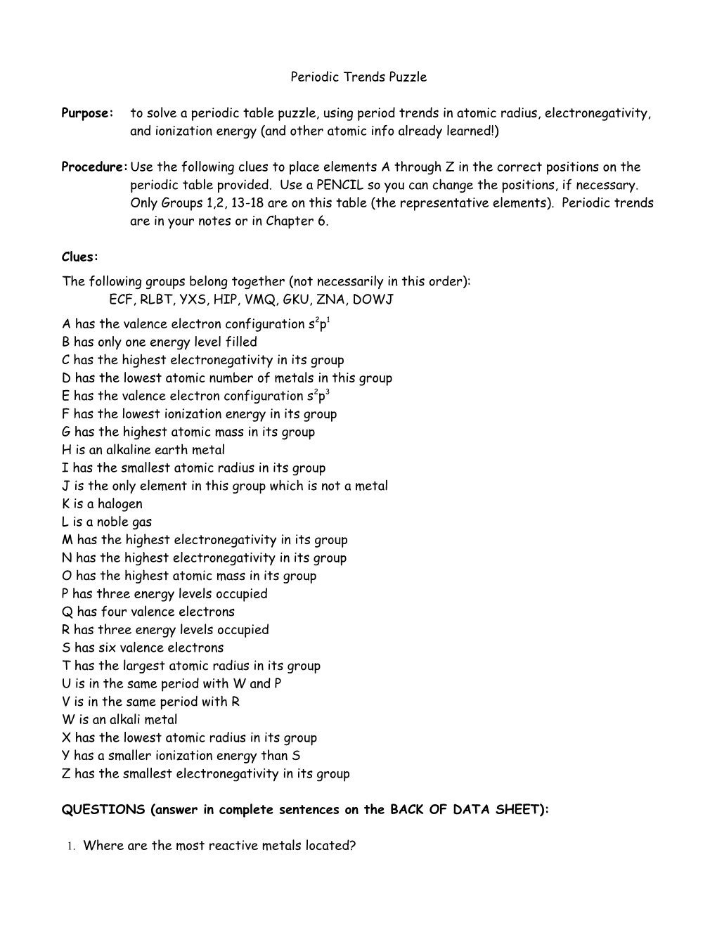 Periodic Trends Puzzle