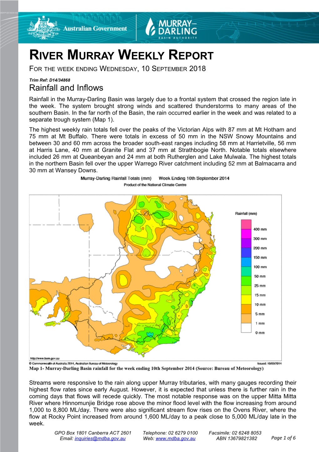 River Murray Operations Weekly Report 10Th September 2014