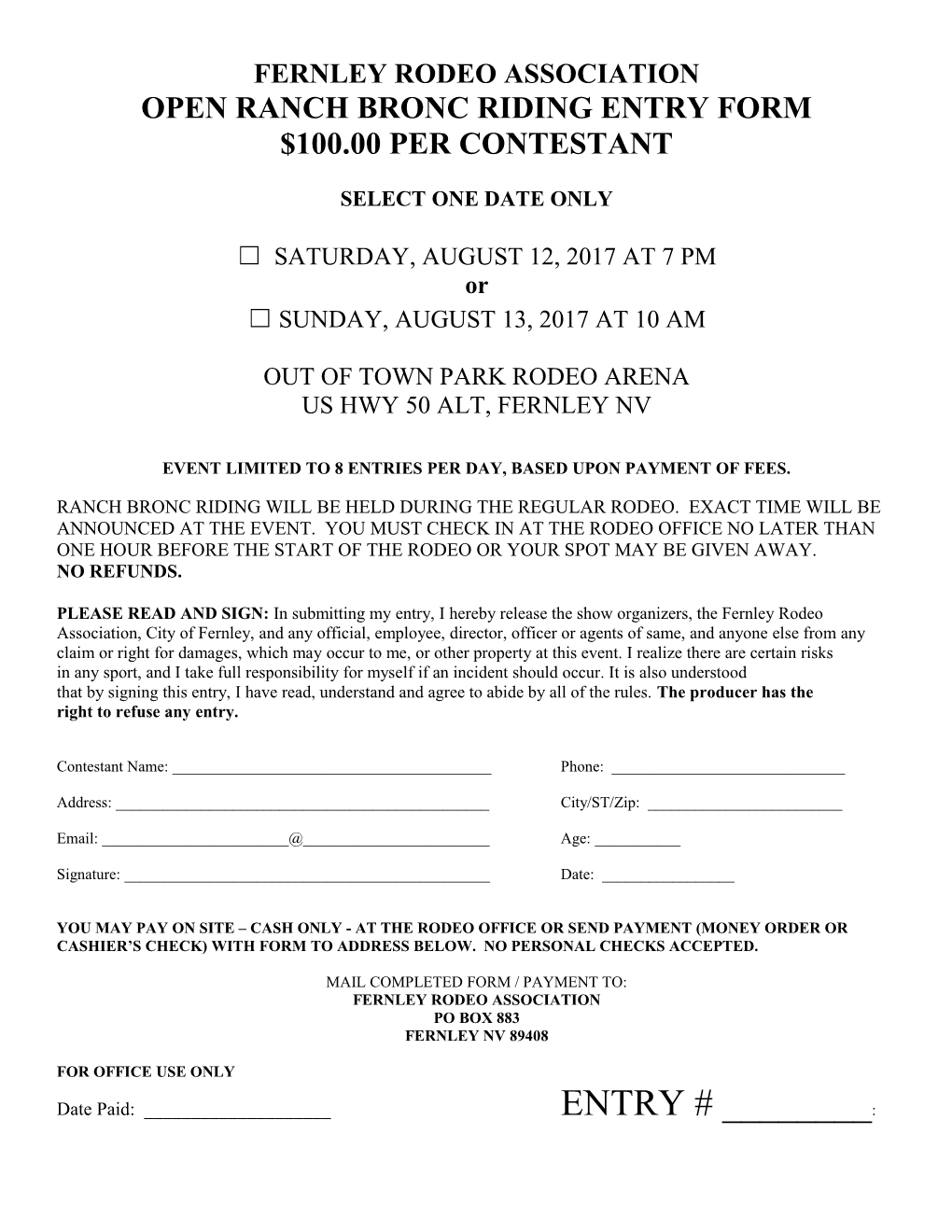 Open Ranch Bronc Riding Entry Form