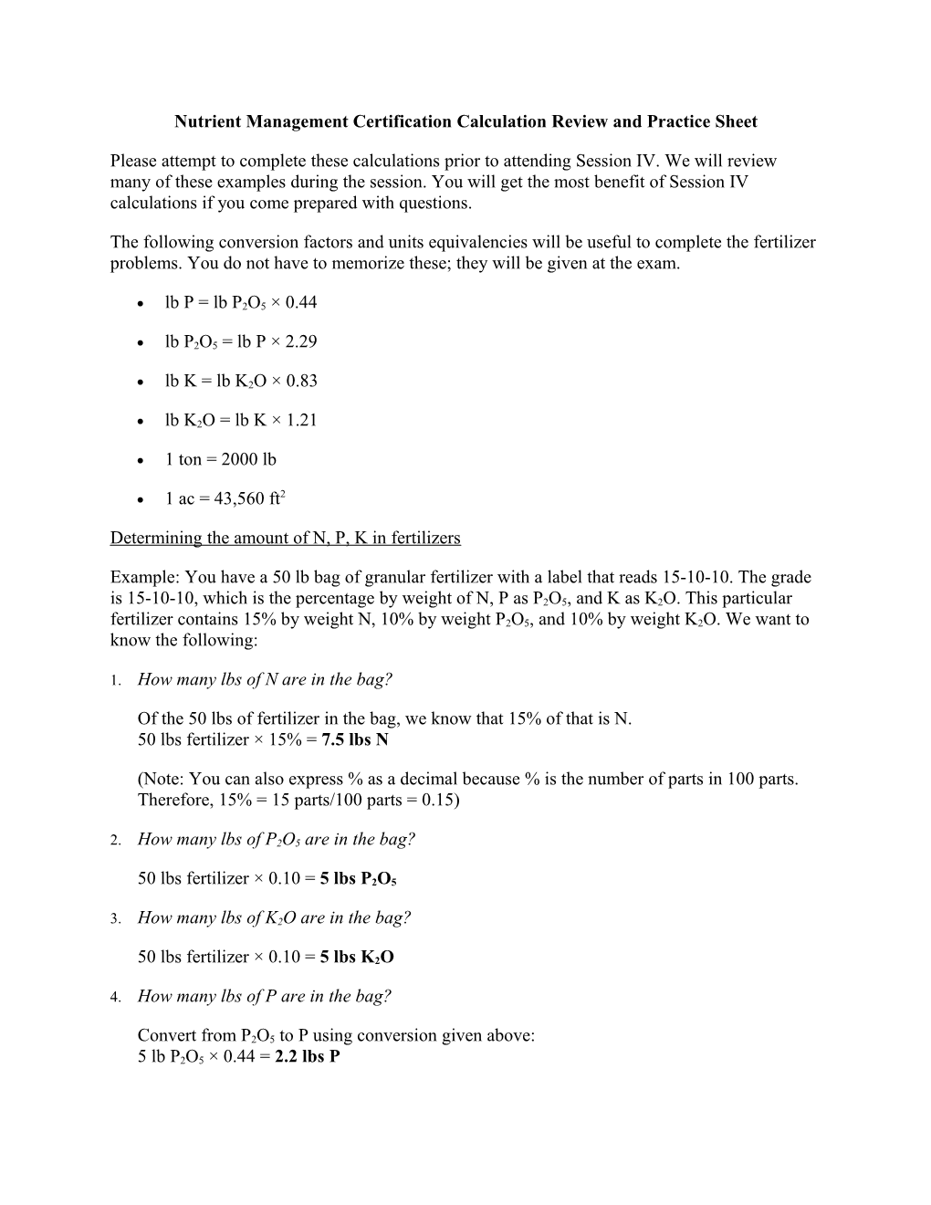 Nutrient Management Certification Calculation Review and Practice Sheet