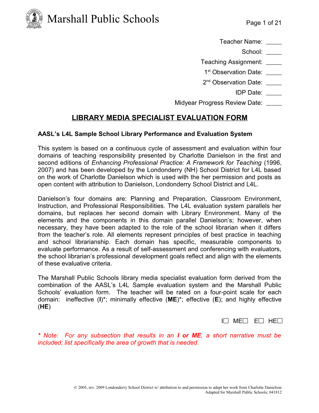 Library Media Specialist Evaluation Form
