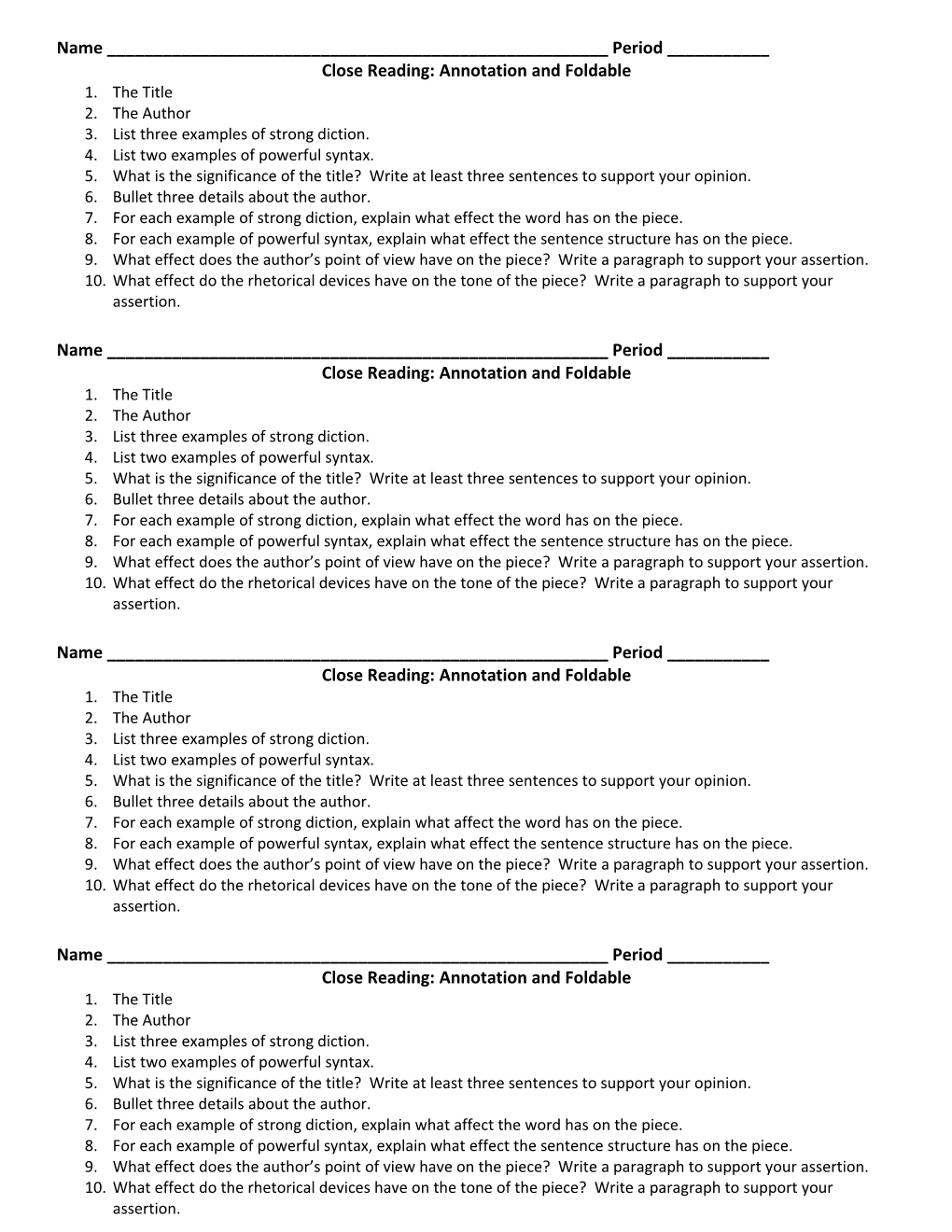 Close Reading: Annotation and Foldable