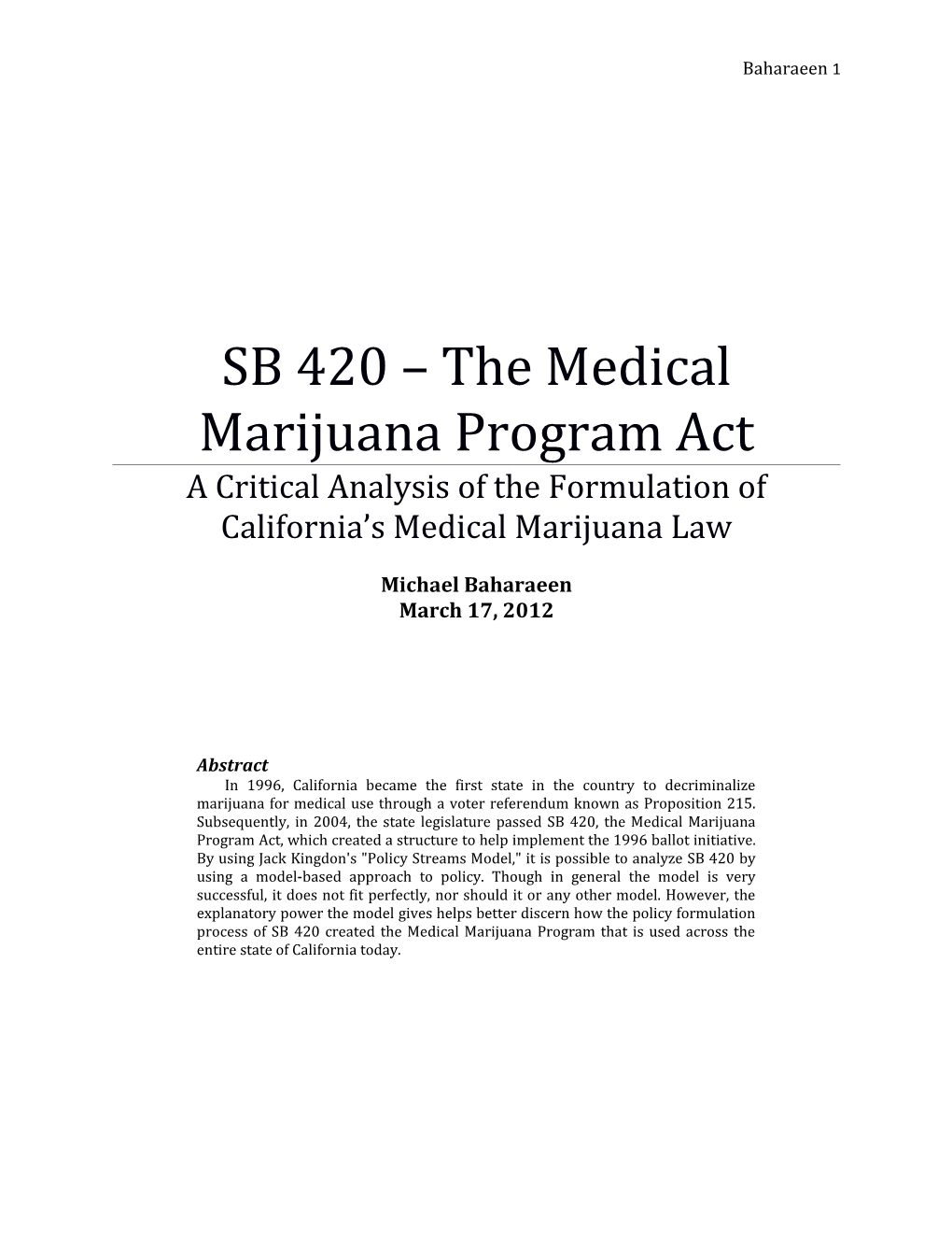 SB 420 the Medical Marijuana Program Act