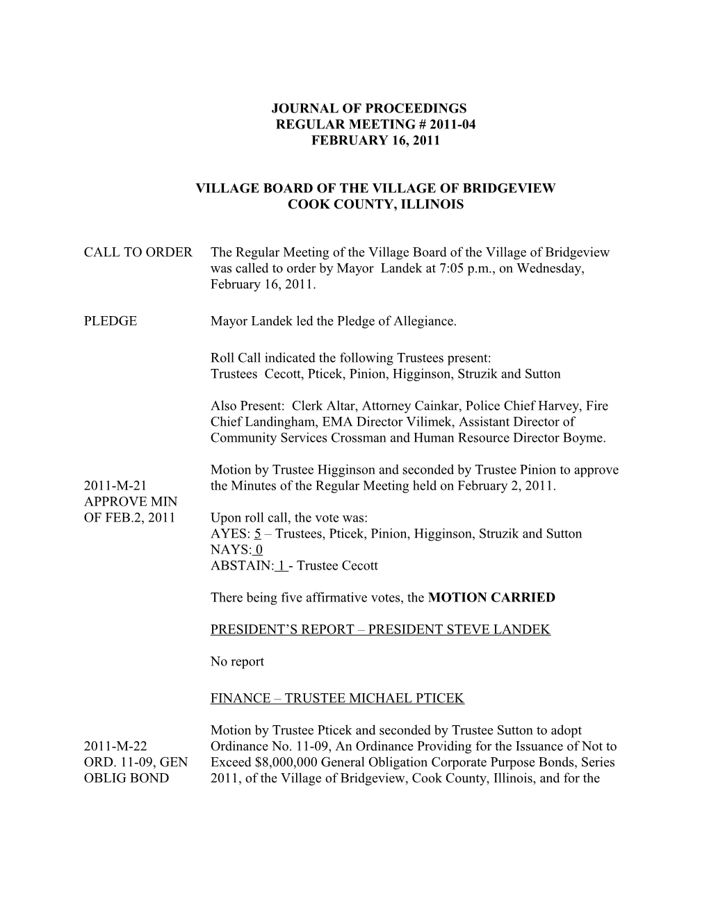 Journal of Proceedings Regular Meeting # 2011-04