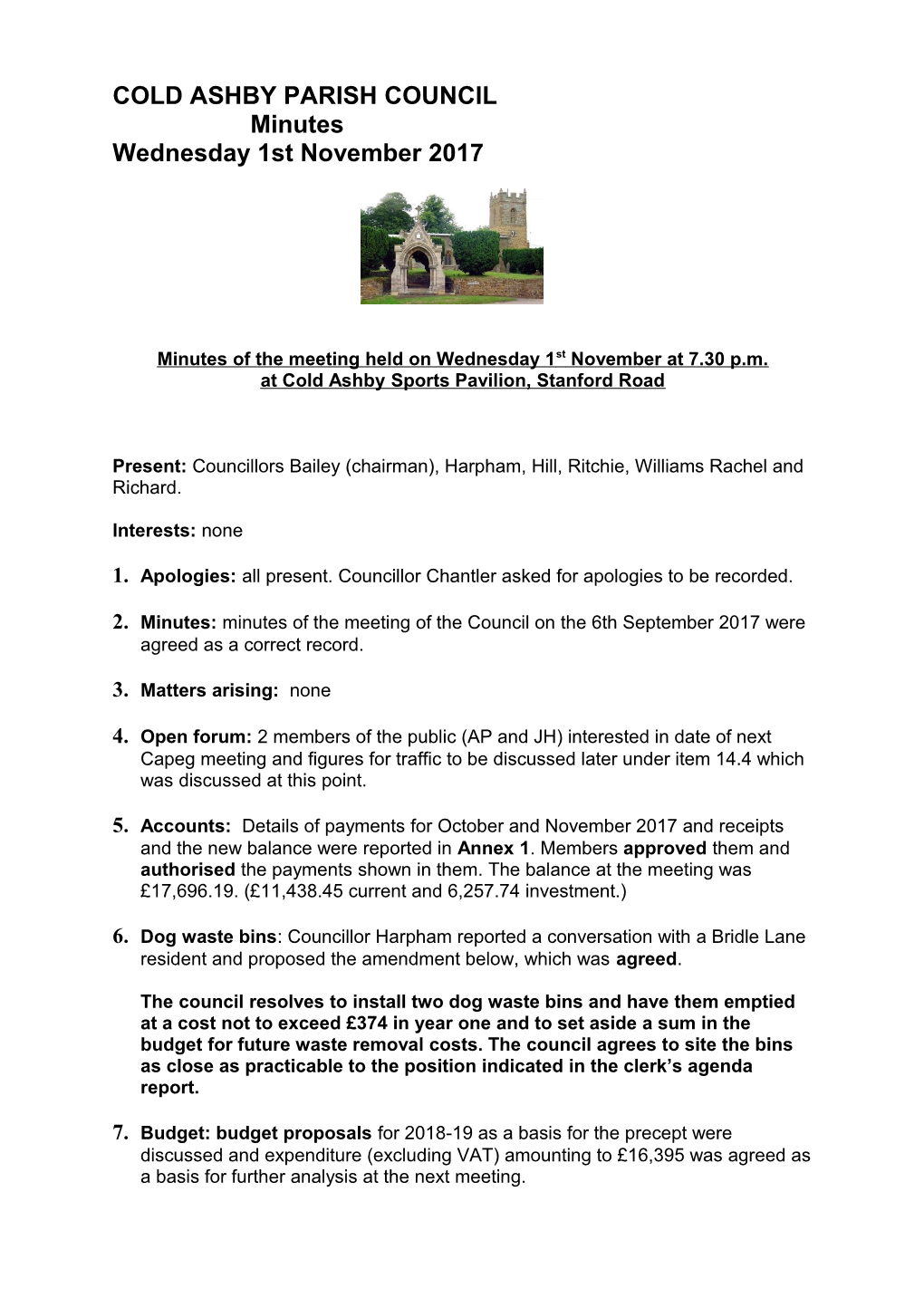 Minutes of the Meeting Held on Wednesday1stnovember at 7.30 P.M