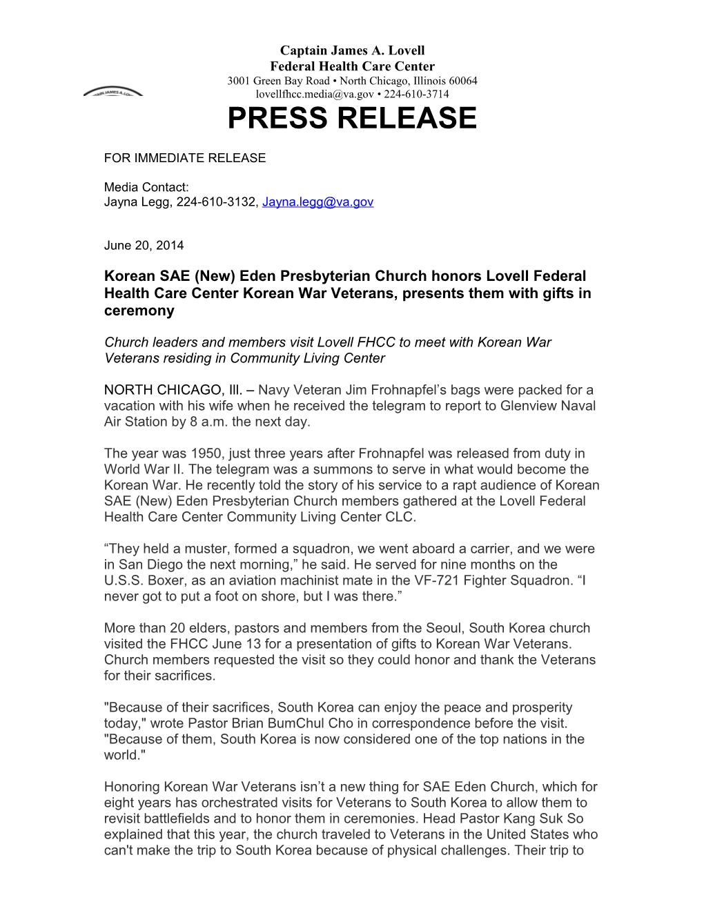 Page 1 Lovell FHCC Press Release