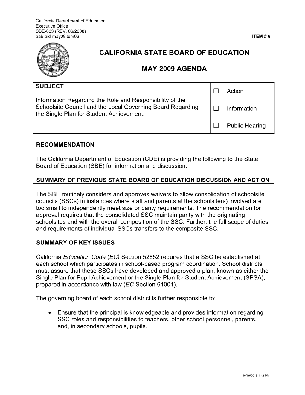 May 2009 Agenda Item 6 - Meeting Agendas (CA State Board of Education)