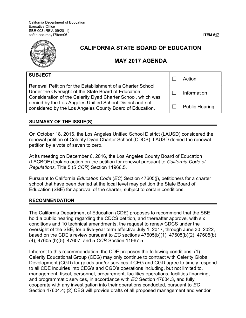 May 2017 Agenda Item 17 - Meeting Agendas (CA State Board of Education)