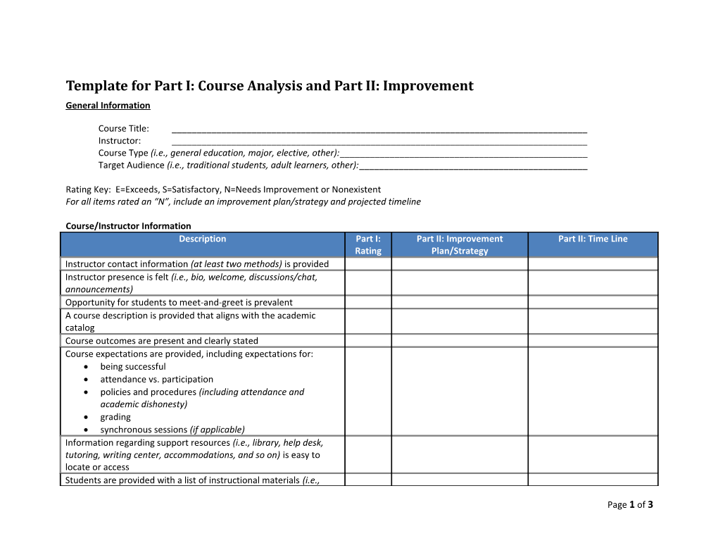 Template for Part I: Course Analysis and Part II: Improvement
