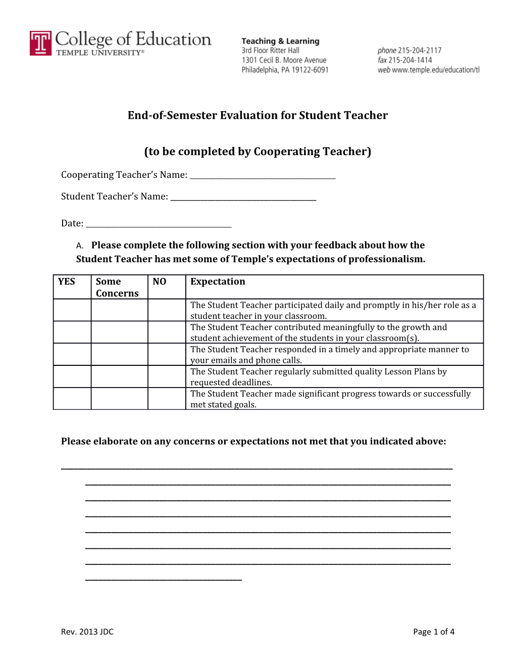 End-Of-Semester Evaluation for Student Teacher