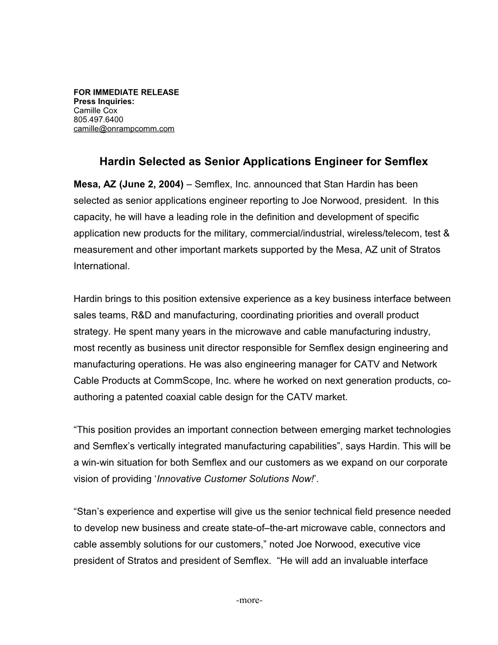 Hardin Selected As Senior Applications Engineer for Semflex