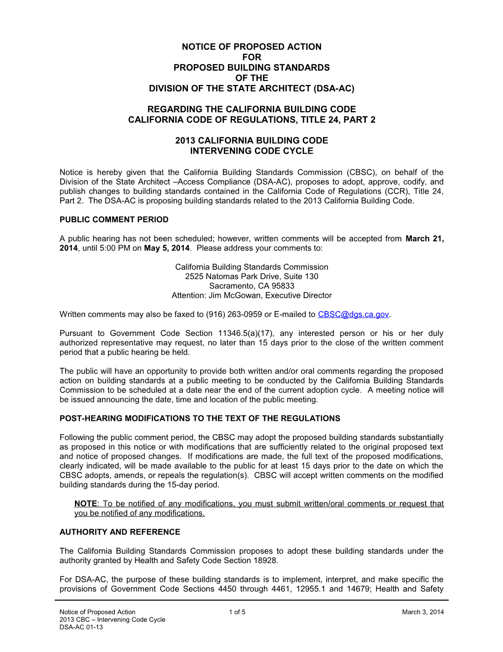 Notice of Proposed Action of the Division of the State Architect (DSA-AC) - CCR, Title