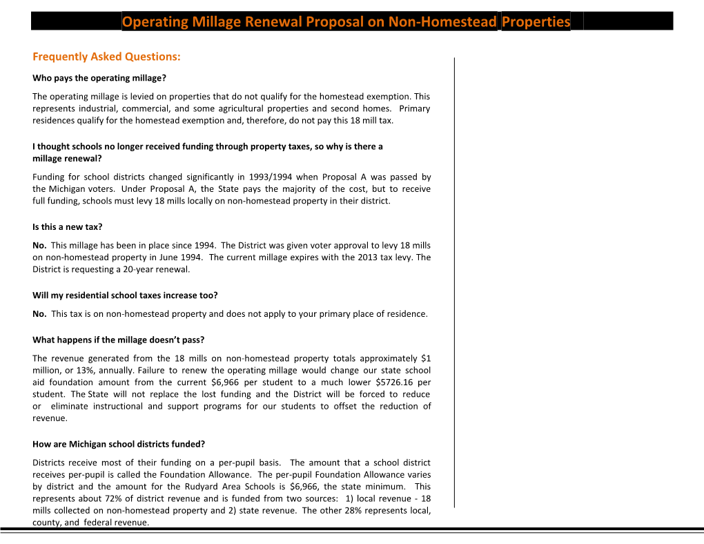 Operating Millage Renewal Proposal on Non Homesteadproperties