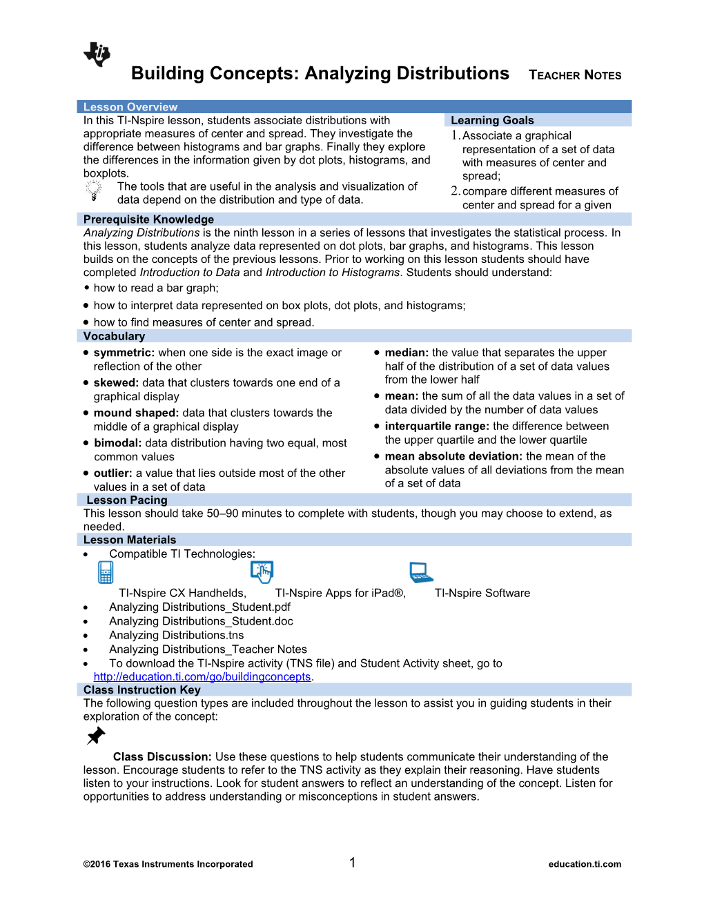 Building Concepts: Analyzing Distributionsteacher Notes