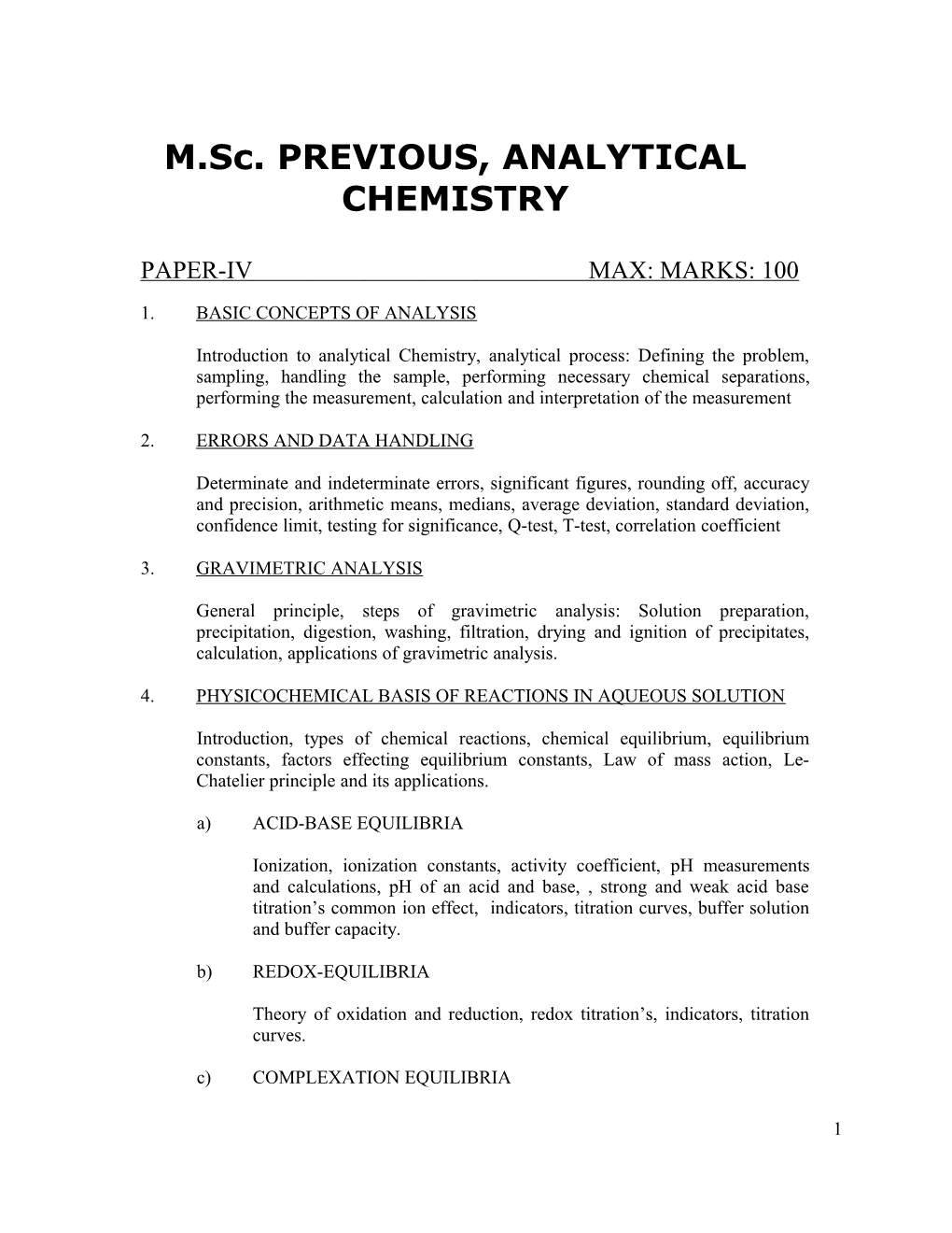 M.Sc. PREVIOUS, ANALYTICAL CHEMISTRY