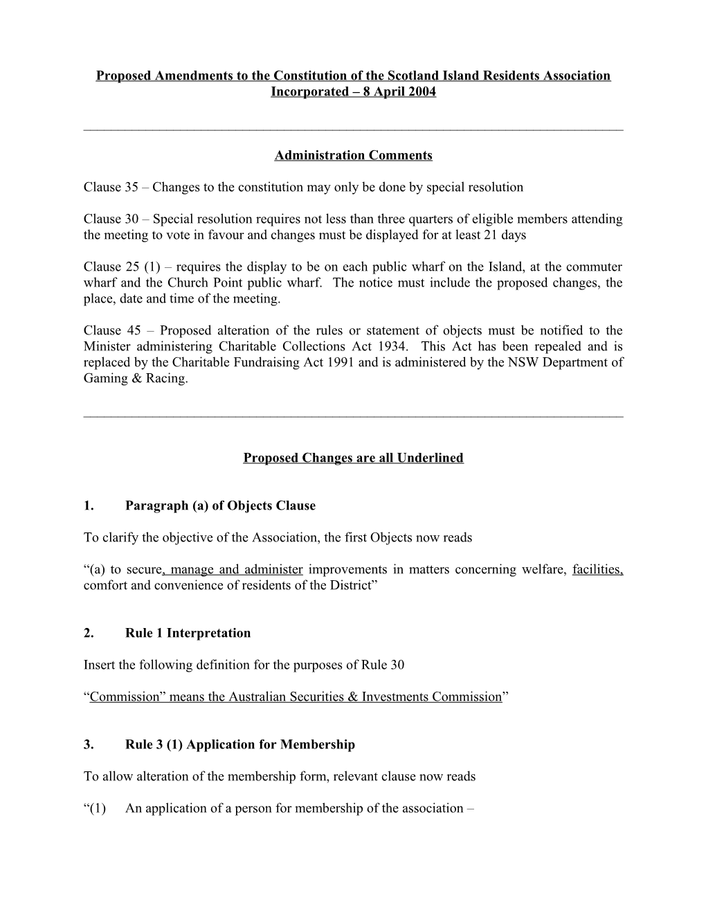 Amendments to the Constitution of the Scotland Island Residents Association Incorporated