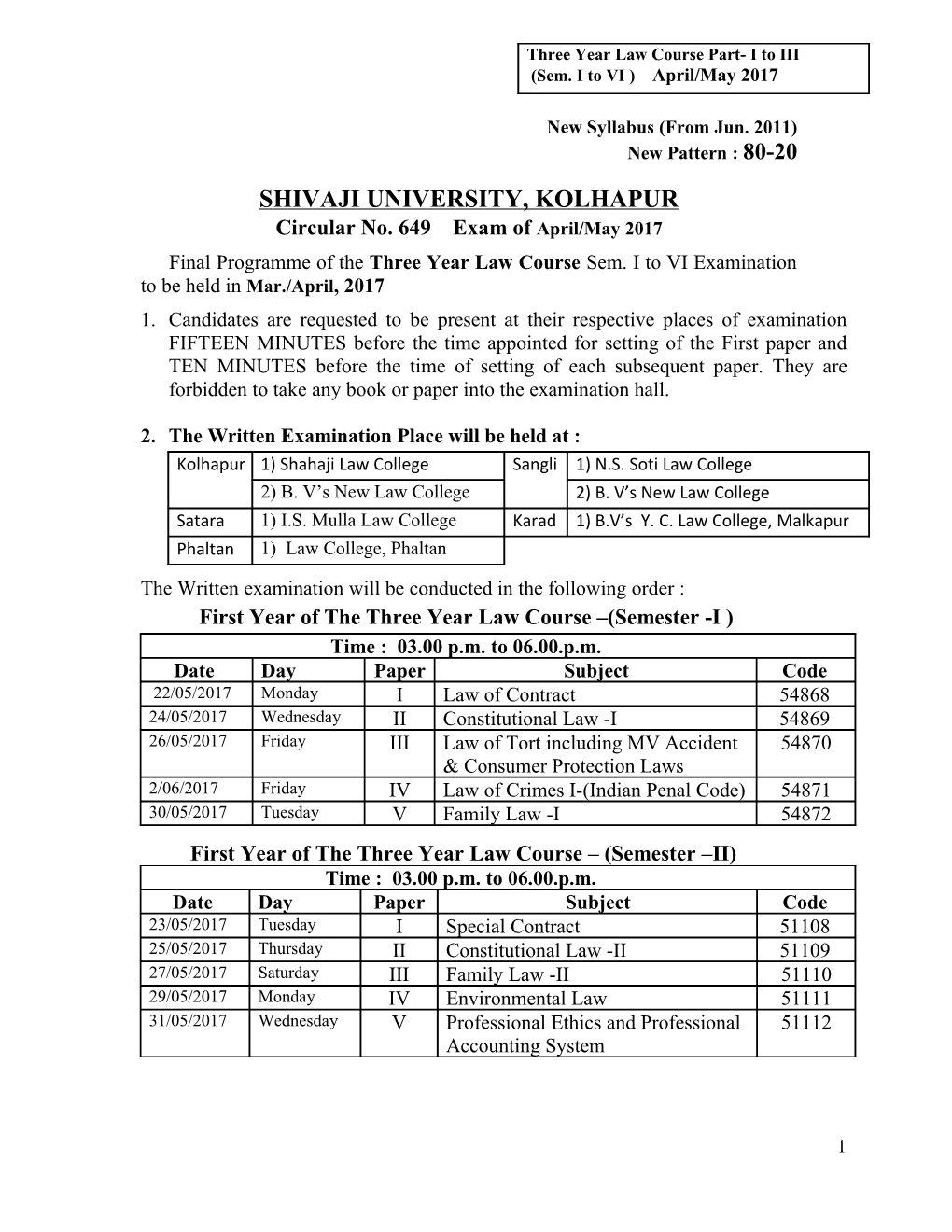 Three Year Law Course Part I- Sem