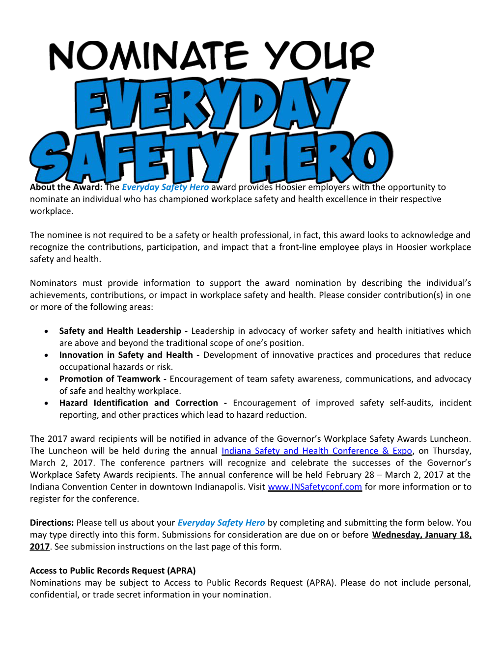 About the Award: the Everyday Safety Hero Award Provides Hoosier Employers with the Opportunity